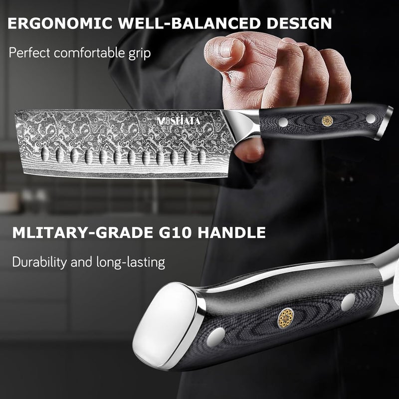MOSFiATA 7'Nakiri Knife Damascus Professional Sharpe Chef Knife， Kitchen Knifed Damascus Steel VG-10 Blade with Ergonomic Handle Sharpener - Image 4